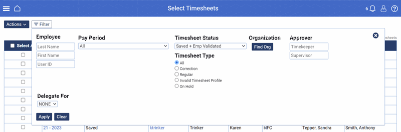 Select Timesheets (Filter) Page