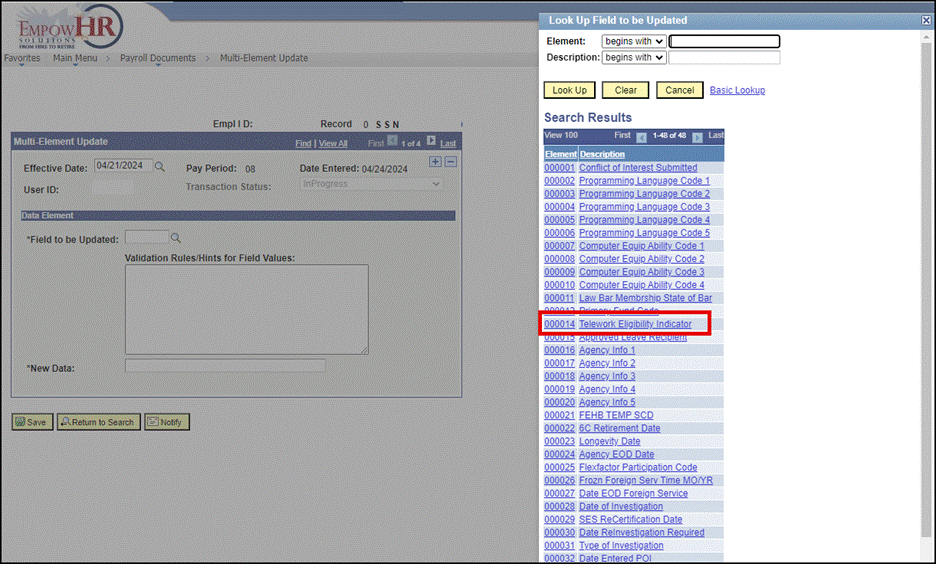 EmpowHR Telework Eligibility Indicator in Field Lookup