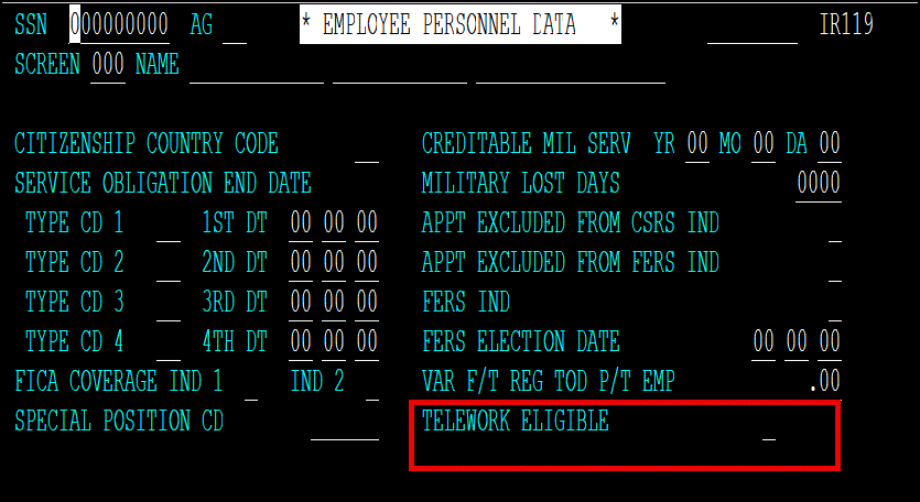IRIS 119 Verification Screen in Employee Personnel Data - Telework Eligible