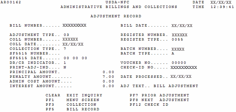 Adjustment Record Screen