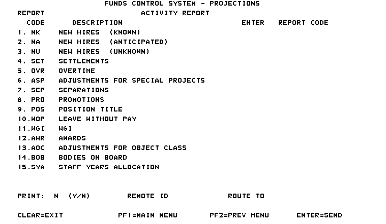 Projections Activity Report Screen