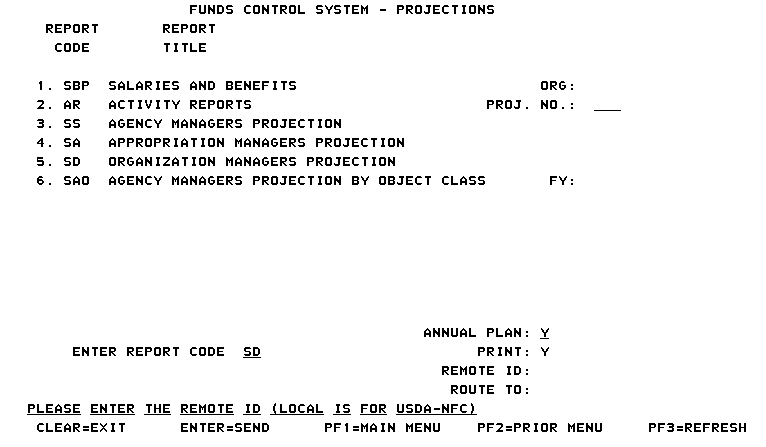 Projections (Organization Managers Projection) screen