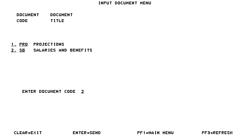 Input Document Menu Screen - Salaries and Ben