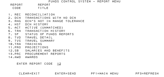 Funds Control System Reports menu-SB