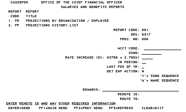 Projection by Organization Employee screen