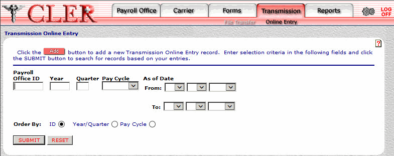 Transmission Online Entry Add Page