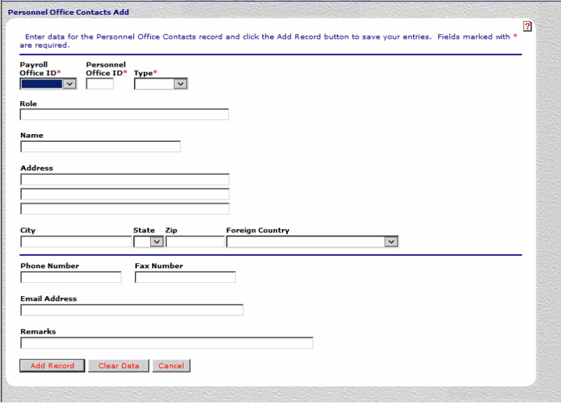 Personnel Office Contacts Add Page