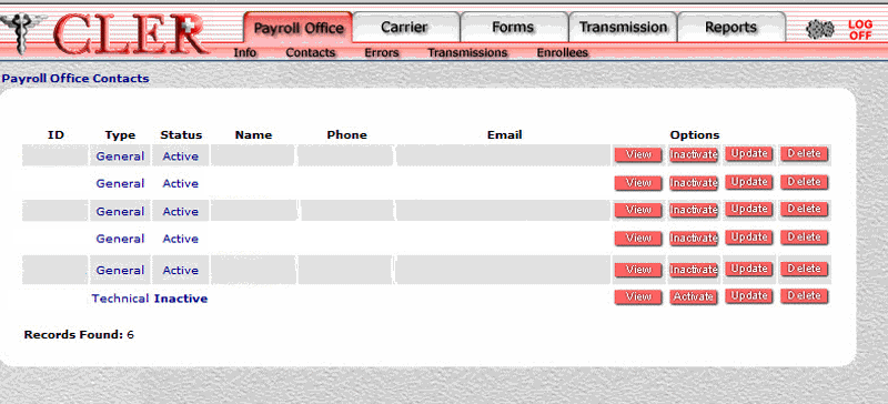 Payroll Office Contacts search results Activate/Inactivate