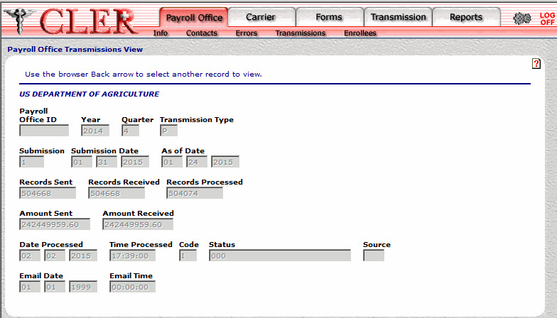 Payroll Office Transmissions View