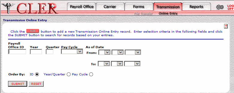Transmission Online Entry page