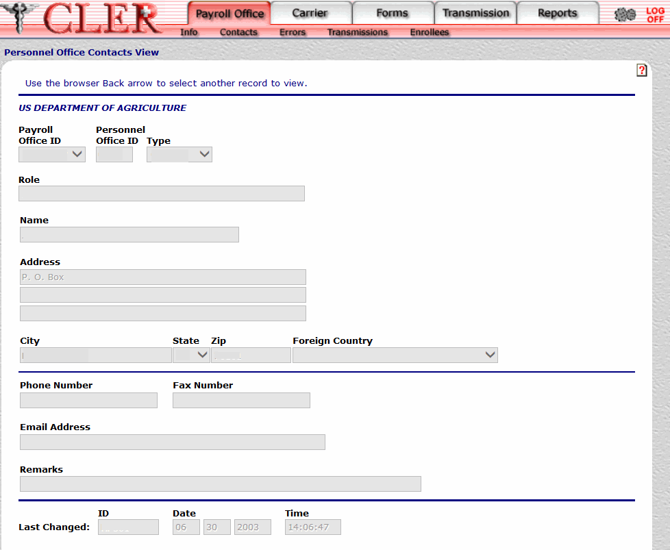 Personnel Office Contacts View Page