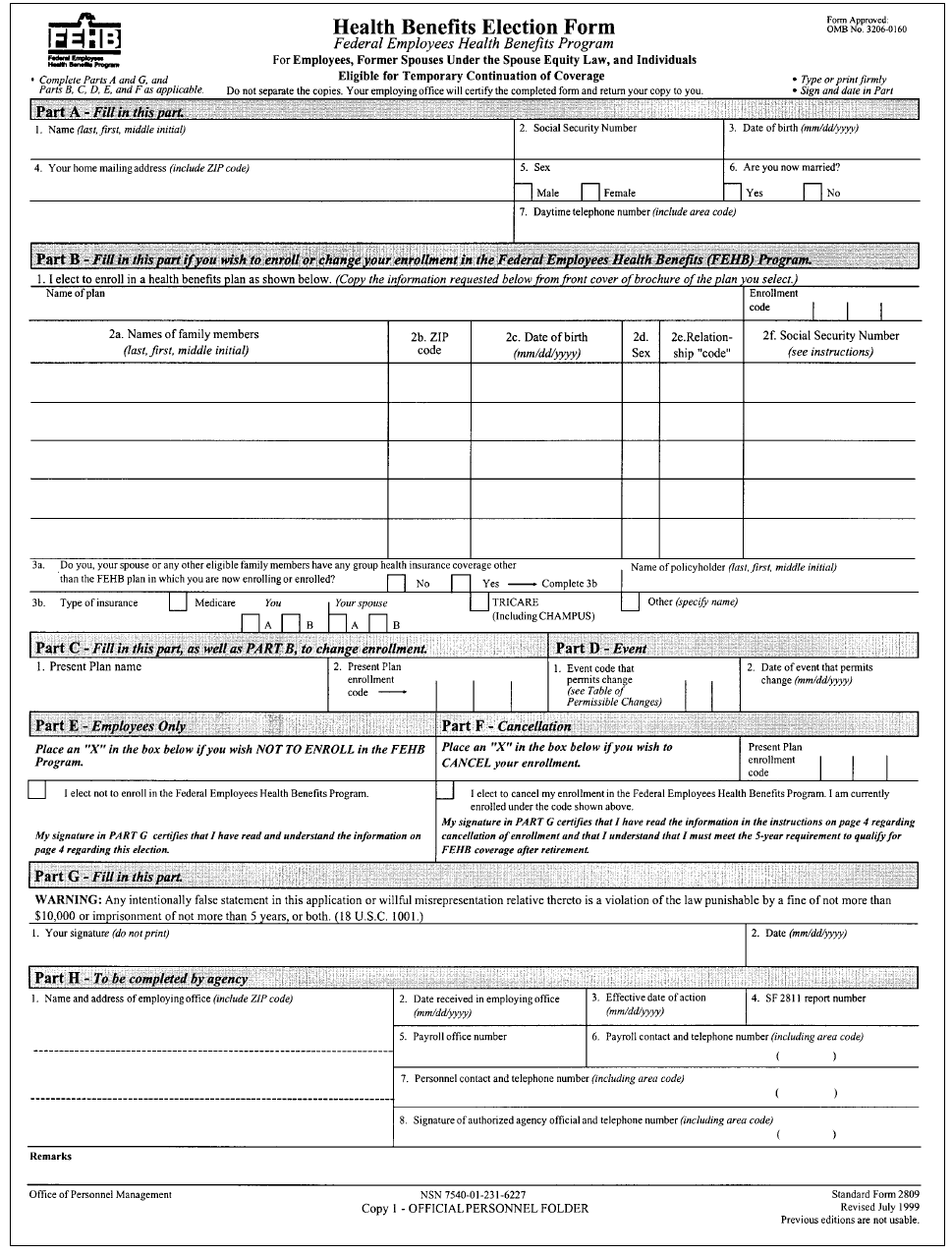 Form SF-2809, Health Benefits Election Form