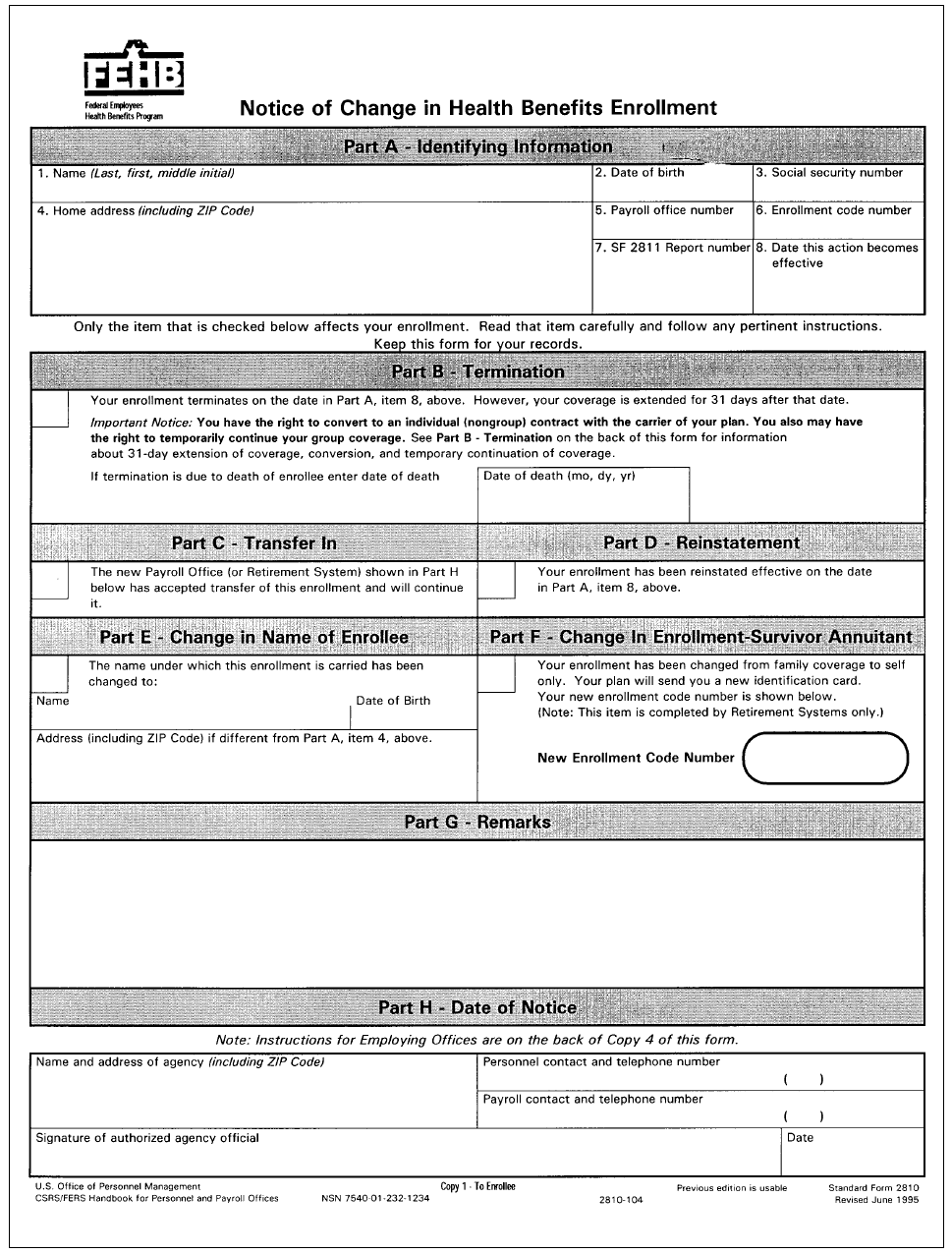 Form SF-2810, Notice of Change in Health Benefits Enrollment