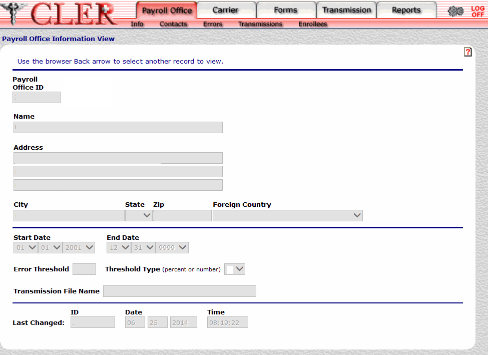 Payroll Office Information View Page