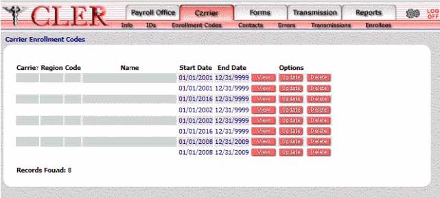 Carrier Enrollment Codes Search Results Page