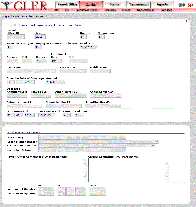 Payroll Office Enrollee View Matching Carrier 1