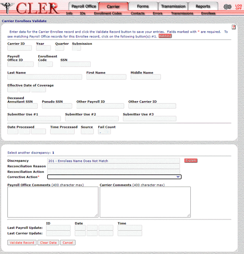 Carrier Enrollees Validate Page