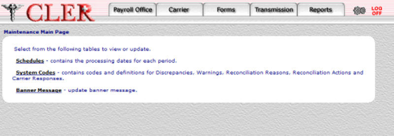 CLER Maintenace Main Page