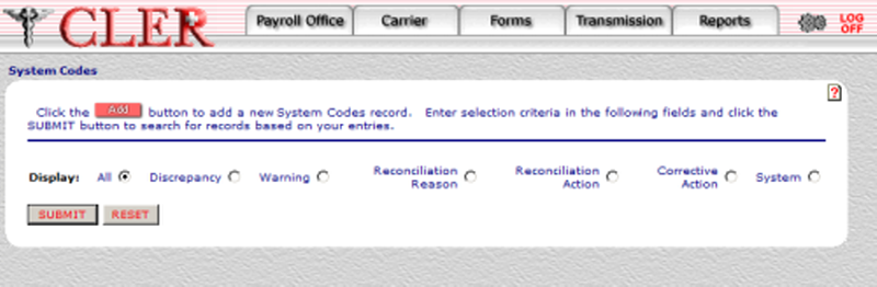 CLER System Codes Min page