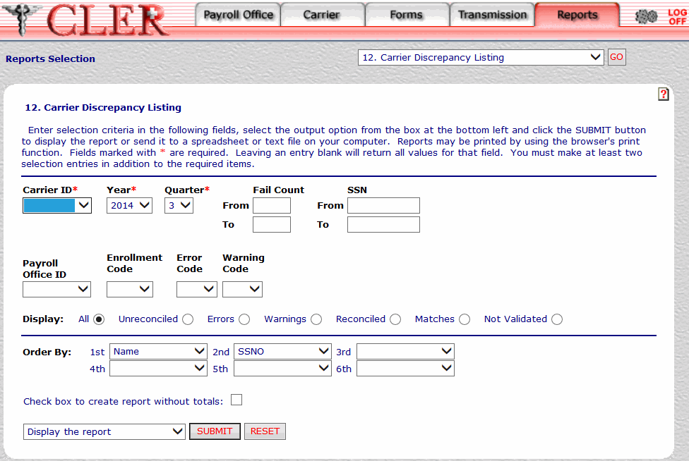 Carrier Discrepancy Listing (Report 12) Page