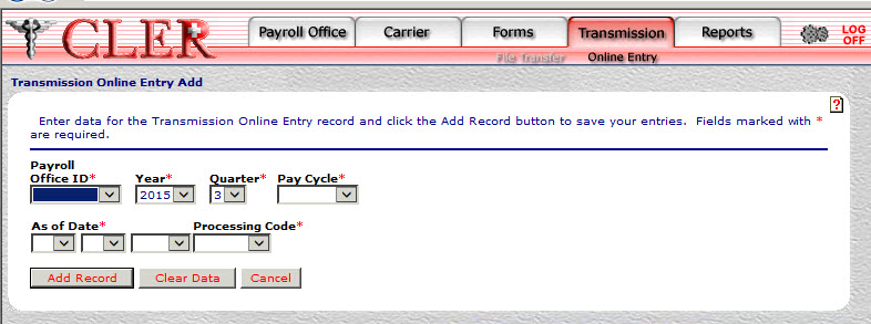 Transmissions Online Entry Add Page