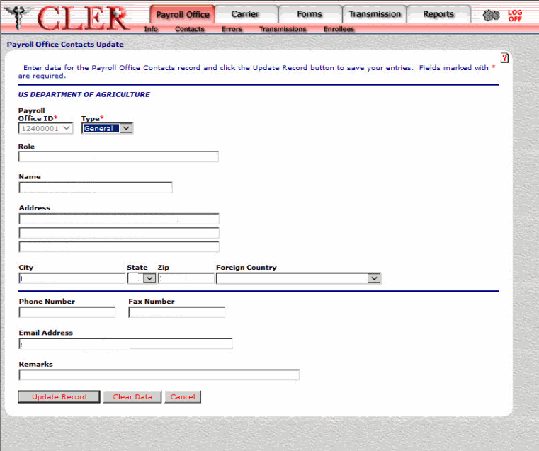 Payroll Office Contacts Update Page