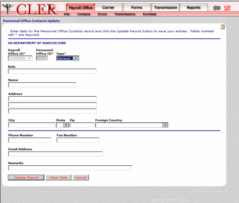 Personnel Office Contacts Update Page