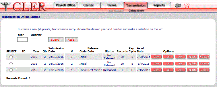 Transmissions Online Entry Enrollees Search Results Page