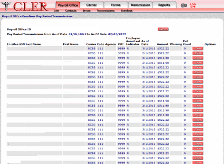 Payroll Office Enrollees Pay Period Transmissions Search Results