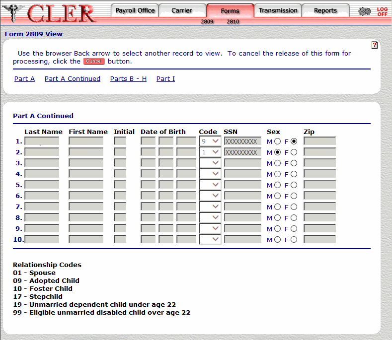 Form 2809 View Part A Continued