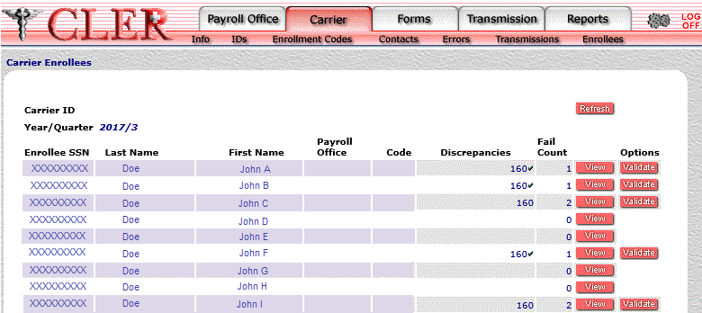 Carrier Enrollees search results page