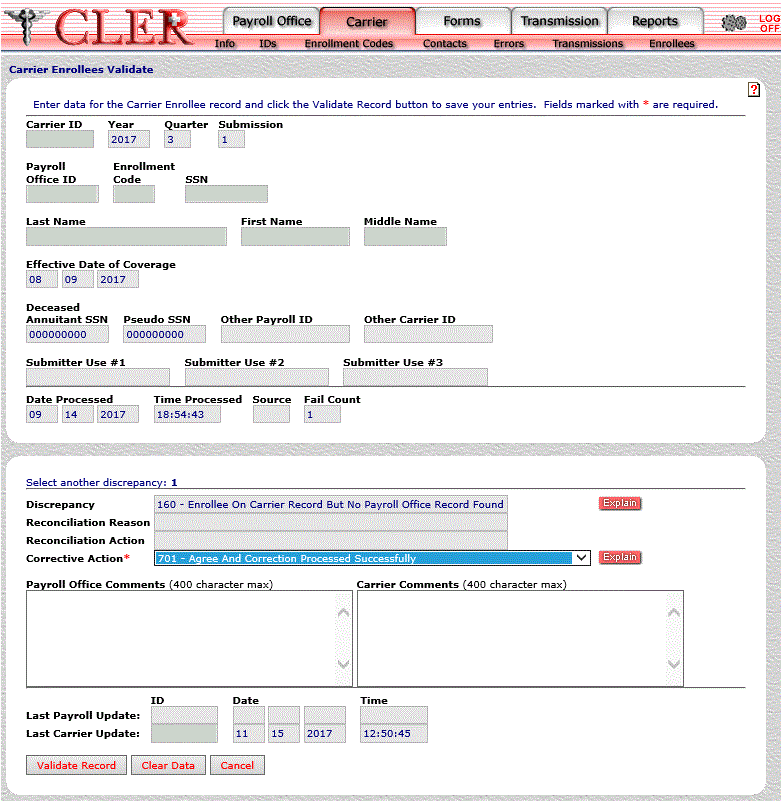 Carrier Enrollees Validate page