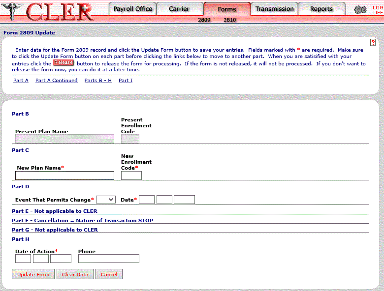 Form 2809 Update Part B-H