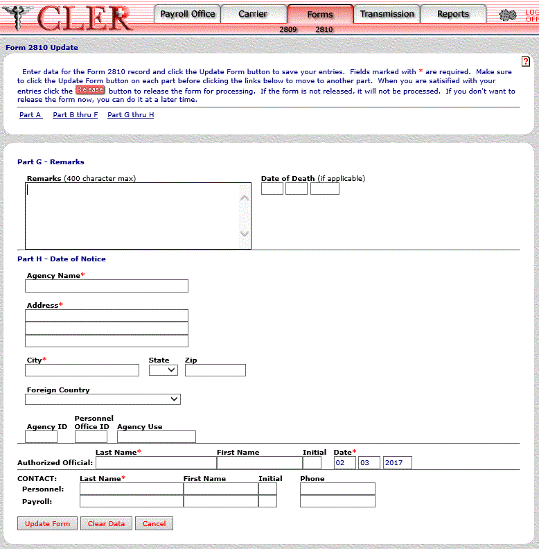 Form 2810 Update Part G thru H