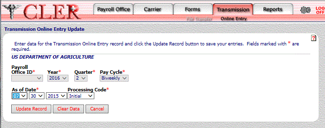 Transmission Online Entry Update page