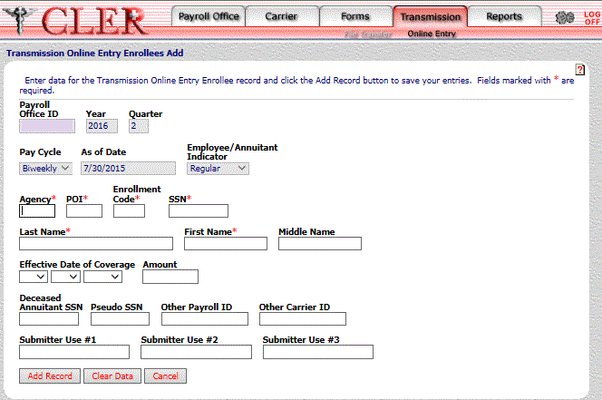 Transmission Online Entry Enrollees Add