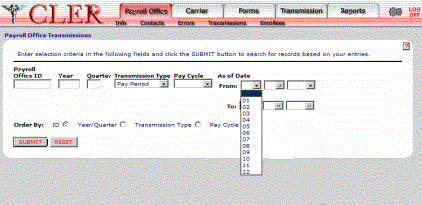 Payroll Office Transmissions Drop-down Menu