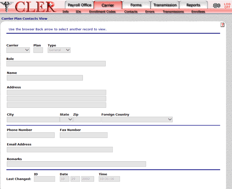 Carrier Plan Contacts View Page