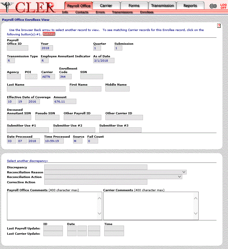 Payroll Office Enrollee View Matching Carrier