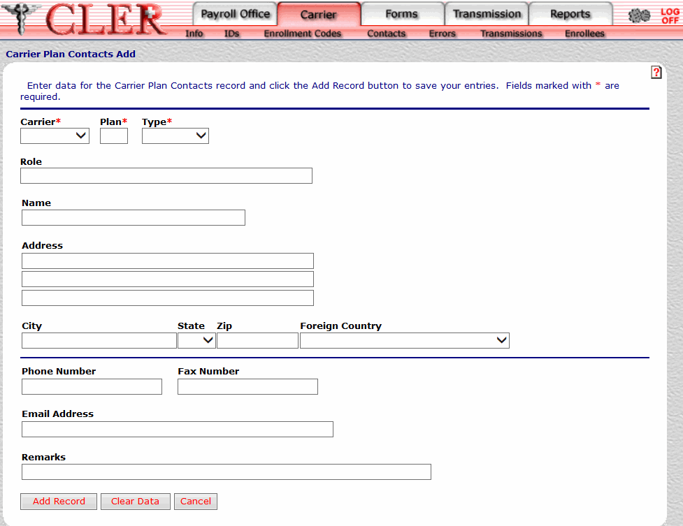 Carrier Plan Contacts Add Page