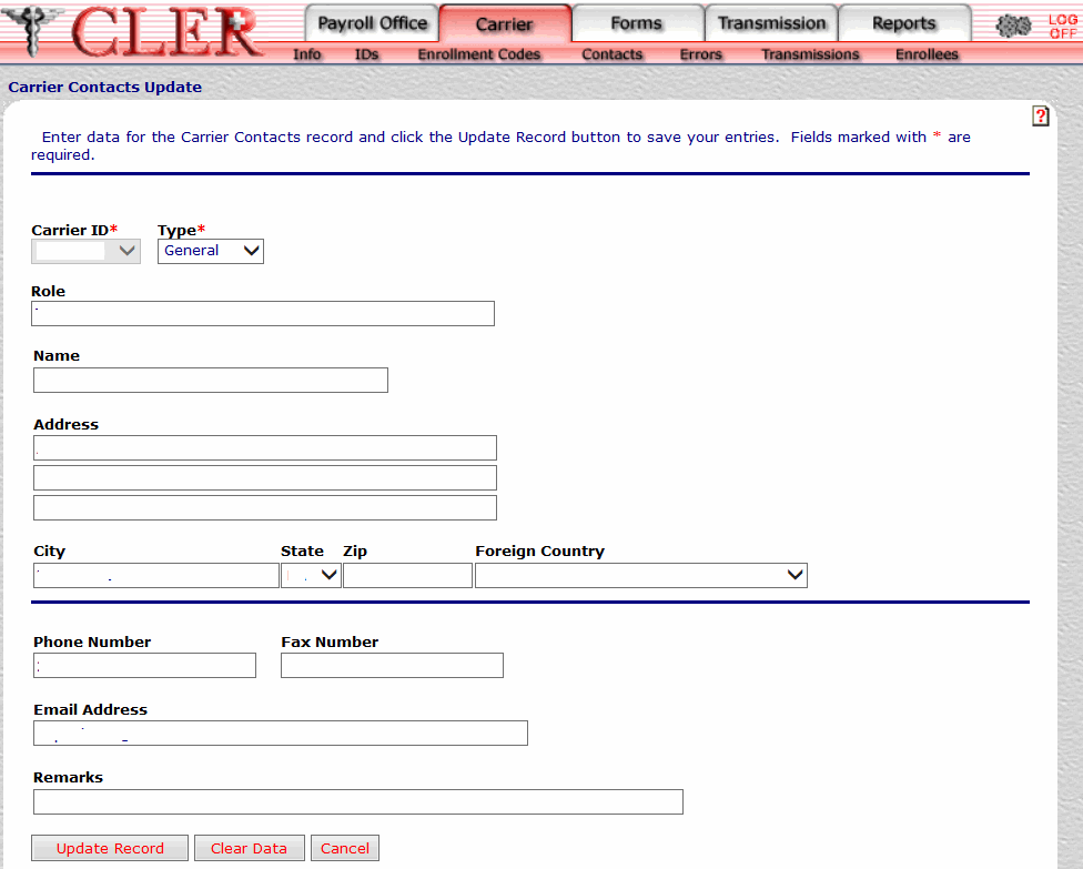 Carrier Contacts Update Page