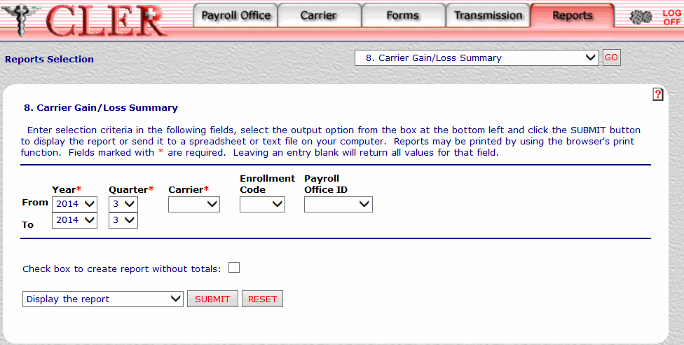 Carrier Gain Loss Summary (Report 8) Page