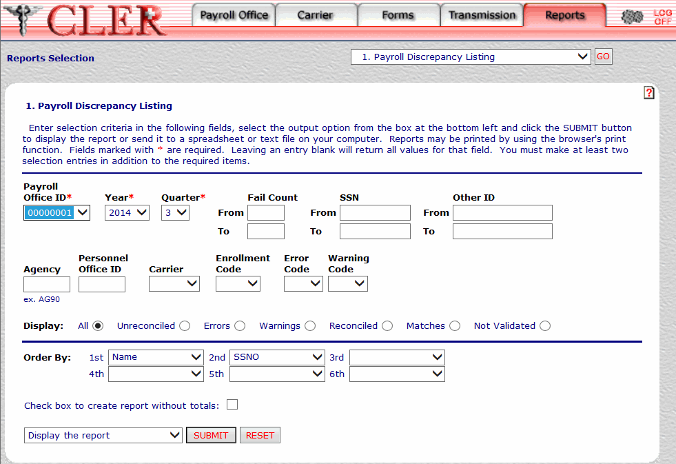 Payroll Discrepancy Listing (Report 1) Page