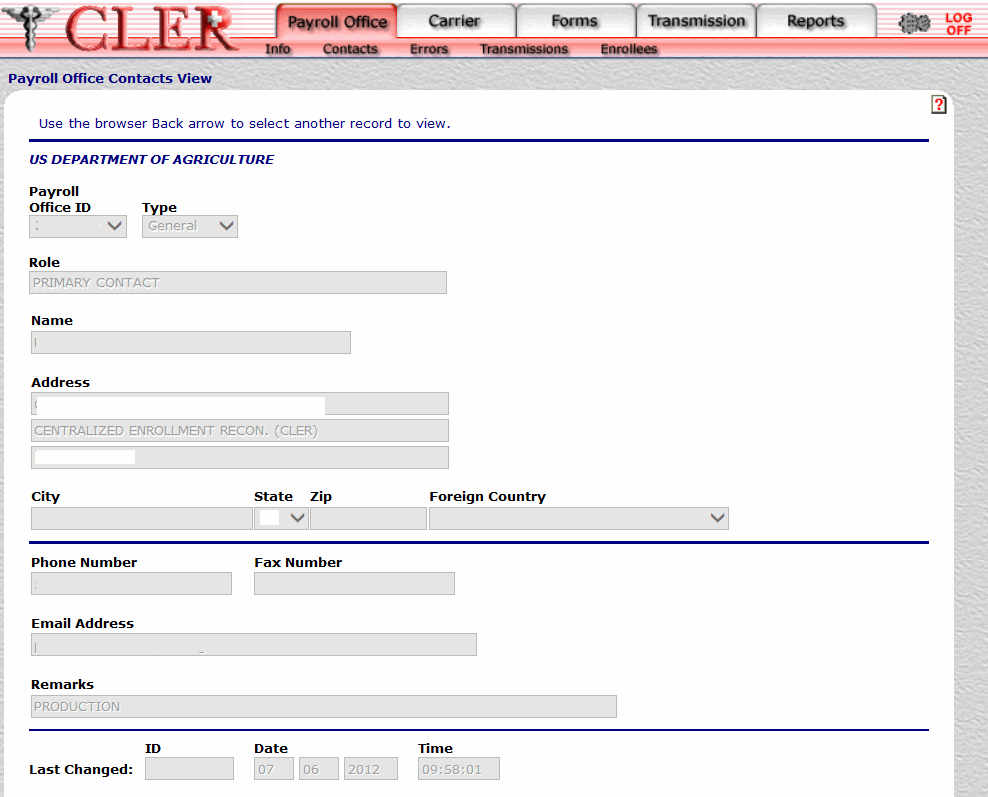 Payroll Office Contacts View Page