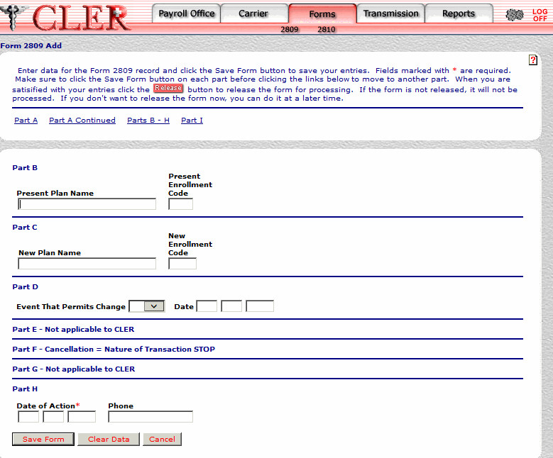 Form 2809 Add Part B-H page