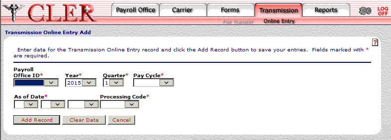 Transmission Online Entry Add page