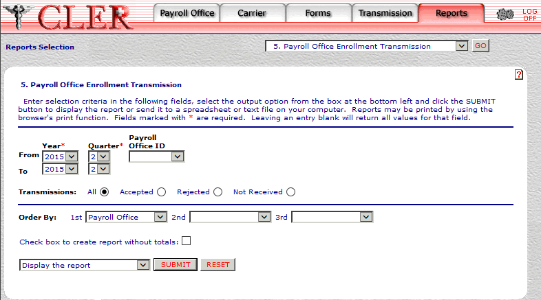 Payroll Office Enrollment Transmission (Report 5) Page