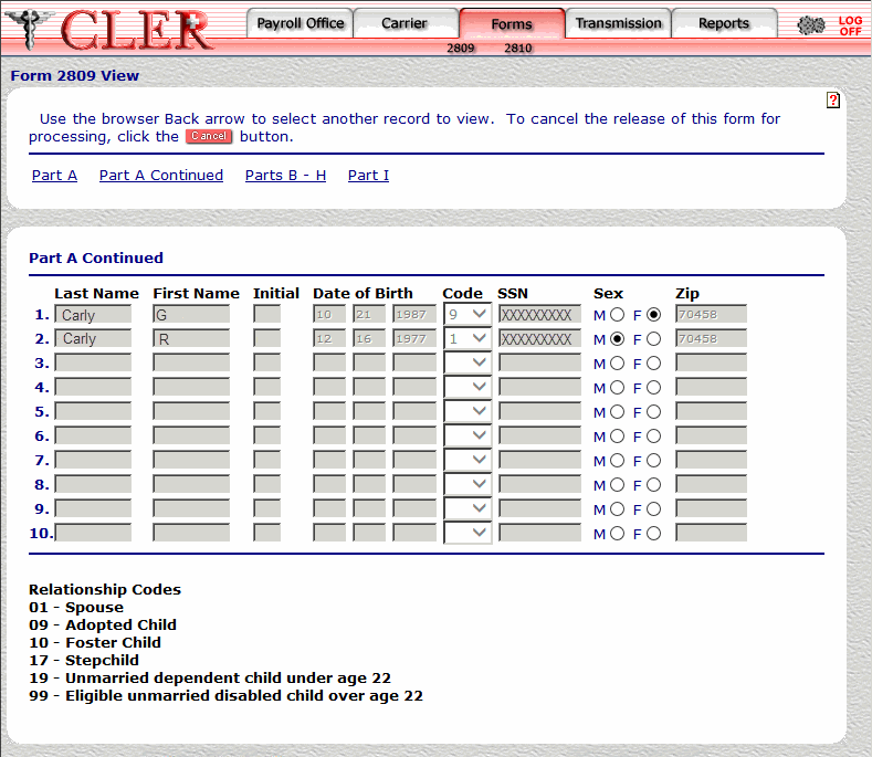 Form 2809 View Page Part A Continued