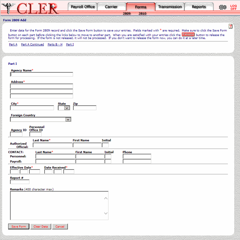 Form 2809 Add Part I Page