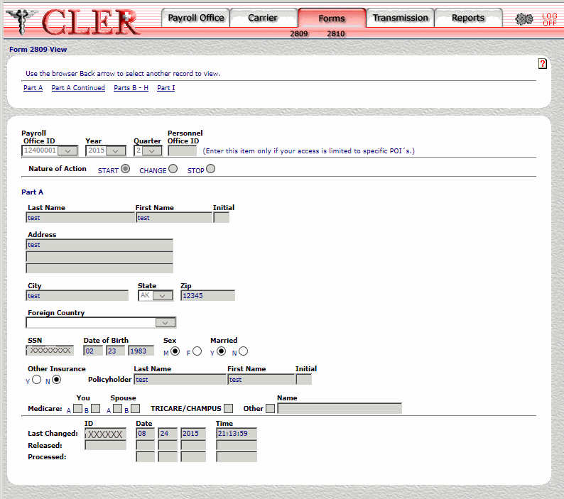 Form 2809 View  Part A Page